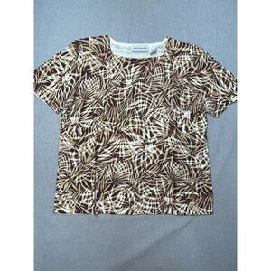 Alfred Dunner Women’s Petite PL Brown Beige Abstract Leaf Print Short Sleeve Top